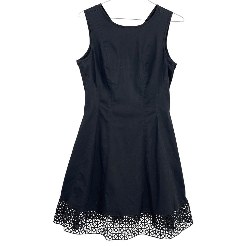 Donna Ricco Black‎ Fit Flare Dress Geometric Laser Cut Eyelet Hem Size 14
